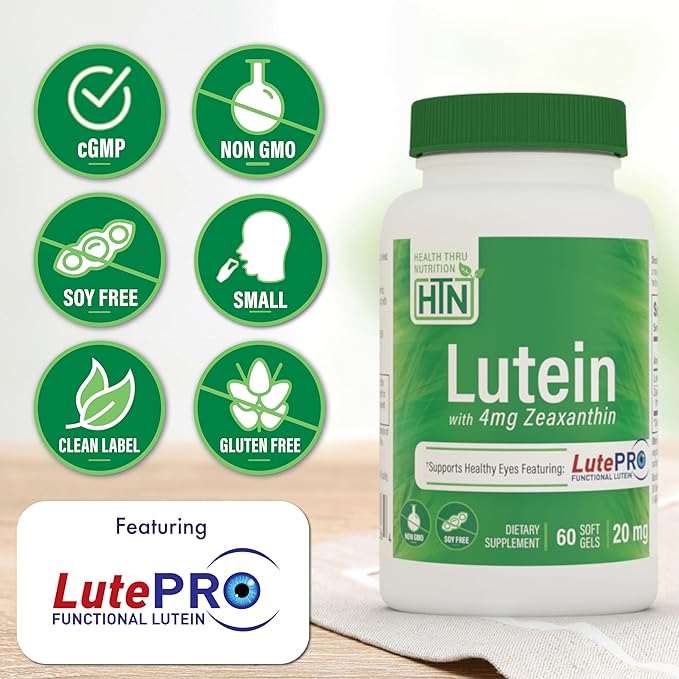 Lutein 20mg with Zeaxanthin 4mg 60 Softgels | Trans-Isomer Marigold Extract in Nature Identical 5:1 Ratio | Supports Healthy Eye, Skin and Brain | Non-GMO Soy & Gluten Free | by Health Thru Nutrition