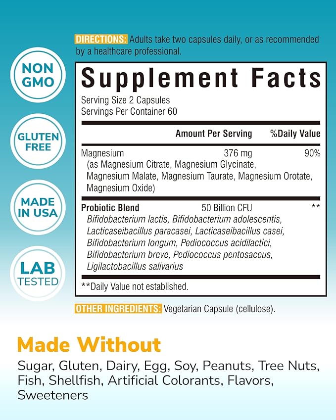 Vitalibre Probiotic with Magnesium Complex for Women Men, 50 Billion CFU, 9 Strains, Magnesium Glycinate Citrate Malate for Digestion, Immunity, Bone, Energy & Recovery, 120 Vegan Capsules, Non-GMO