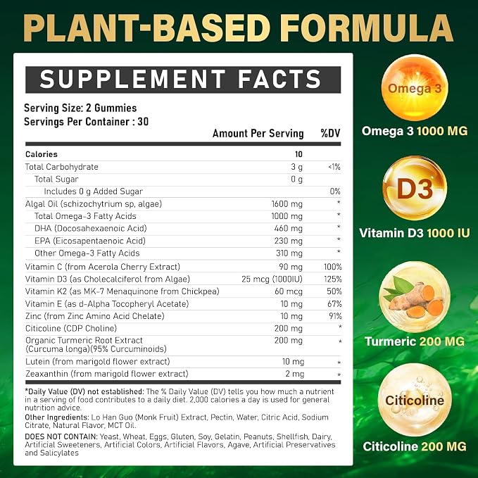 Omega-3 Supplement Gummies for Women & Men - 1000mg Vegan Omega3 DHA & EPA with Turmeric, Vitamin D3, K2, Citicoline for Overall Health - Algae Oil Omega 3 Fatty Acid Supplements, Sugar-Free