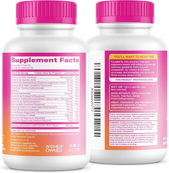 Pink Stork Total Prenatal Vitamins for Women | DHA, Folate, Iron, Choline, & Vitamin B12 | Preconception Nutrition | Prenatals for Women, Pregnancy Essentials | Doctor Formulated, 60 Count, Mint