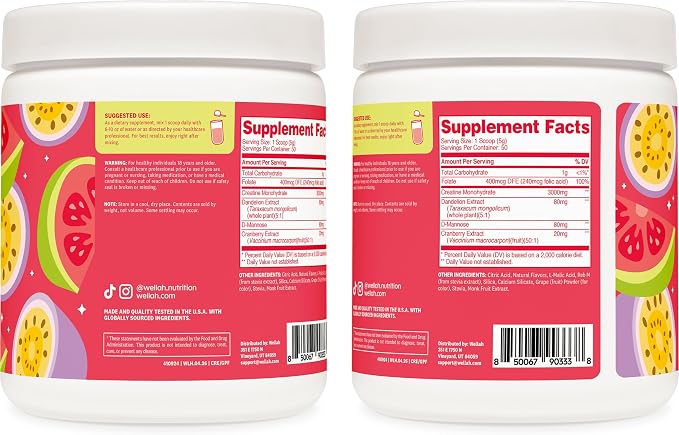Wellah Creatine for Women - Creatine Monohydrate with Dandelion & Cranberry Extract (50 Servings, Guava Passionfruit)