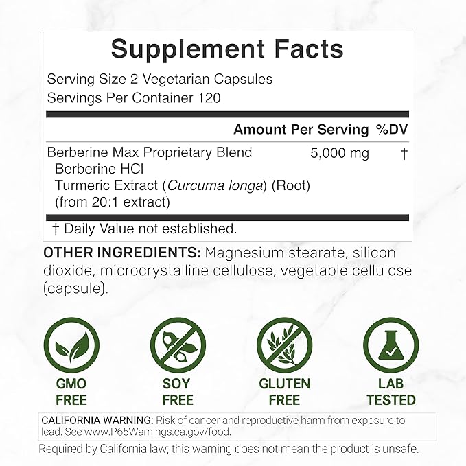 DEAL SUPPLEMENT Berberine Max Supplement with Turmeric, 5000 mg** Per Serving, 240 Vegetarian Capsules | Berberine HCl with Turmeric Root Extract | Non-GMO