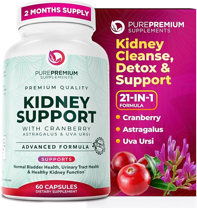 PurePremium Kidney Support Supplement – Kidney Cleanse Detox & Repair with Cranberry Extract & Astragalus - 21-in-1 Complex Supports Normal Bladder, Urinary Tract & Kidneys Health - 60 Day Supply