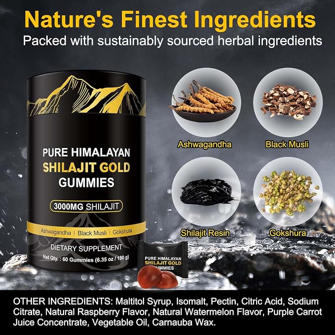 Shilajit Gummies, 3000mg Himalayan Shilajit Gold Gummies with Ashwagandha,Black Musli, Gokshura for Men & Women, Non-GMO & Gelatin Free, 60-Count