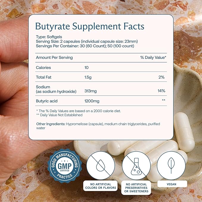 BodyBio Butyrate - Postbiotic for Gut Health, Digestive Support, Bloat, Gas & Constipation Relief, Leaky Gut Repair - Sodium + Butyric Acid Supplement for GI Wellness