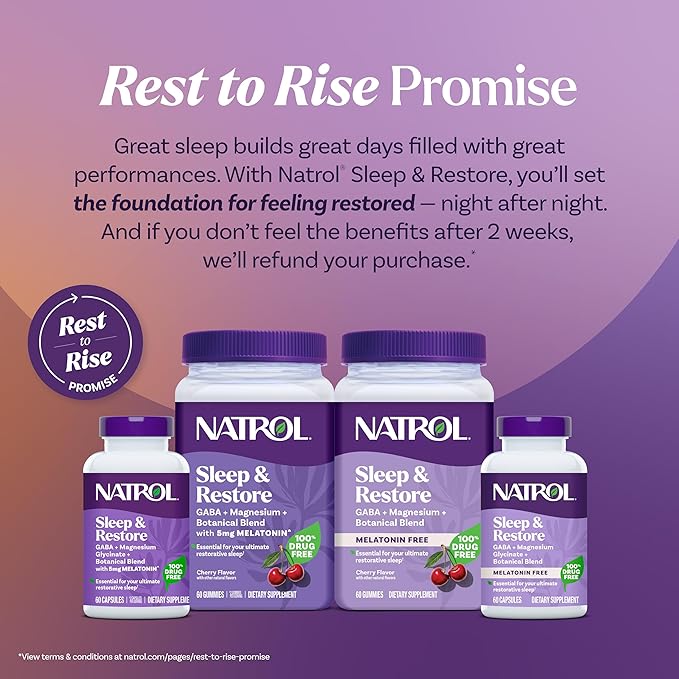 Natrol Sleep + Restore Magnesium Glycinate Blend Gummies with Melatonin 5mg - Calm Magnesium with GABA, Botanical Blend, Cherry Flavor, 60 Gummies