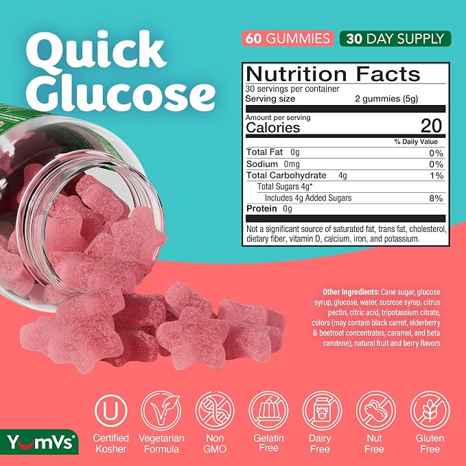 YUM-V'S Glucose Gummies – Fast Acting Glucose Chewable Gummies – Great Tasting – Gluten Free, Vegan, Non-GMO – Berry Natural Flavor – 60 Chewable Gummy for Adults & Kids (Pack of 2)