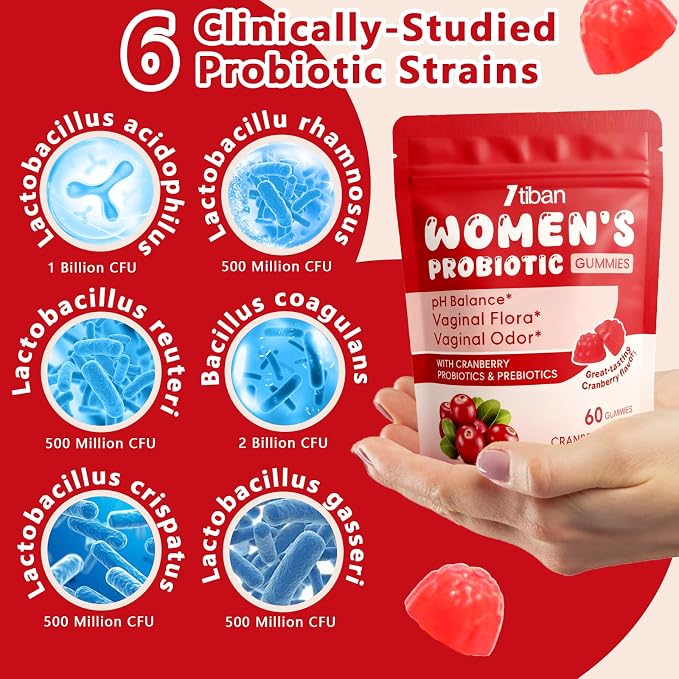 Vaginal Probiotics Gummies for Women, Premium Feminine pH Balance Gummies, Healthy Odor, Yeast Balance & Flora + Vitamin C for Immune Support, 60ct Cranberry Flavor