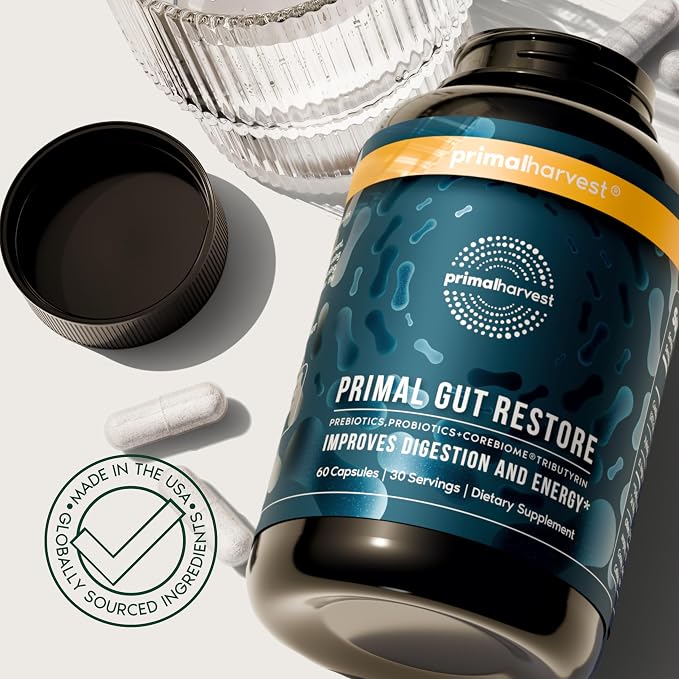 Primal Harvest Restore for Gut Health, Primal Gut Restore w/POSTbiotics, PREbiotics and PRObiotics for Women and Men, 60 CT - Digestion, Colon Cleanse, Immunity Support - Helps Leaky Gut Repair