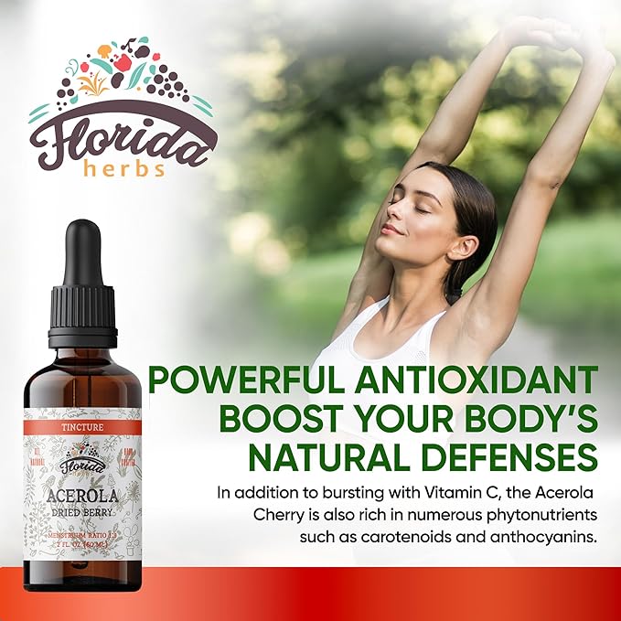 Acerola Tincture (Vitamin C), Organic Acerola Extract (Malpighia Glabra) Dried Berry for Blood, Heart, Arteries, Non-GMO in Cold-Pressed Organic Vegetable Glycerin, Florida Herbs Supplements