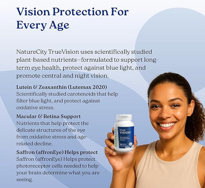 NatureCity True-Vision Eye Health Supplement - Plant-Based Lutein and Zeaxanthin with High Potency Saffron 20mg - Blue Light Protection, Support Central and Night Vision (60 Veggie Capsules)
