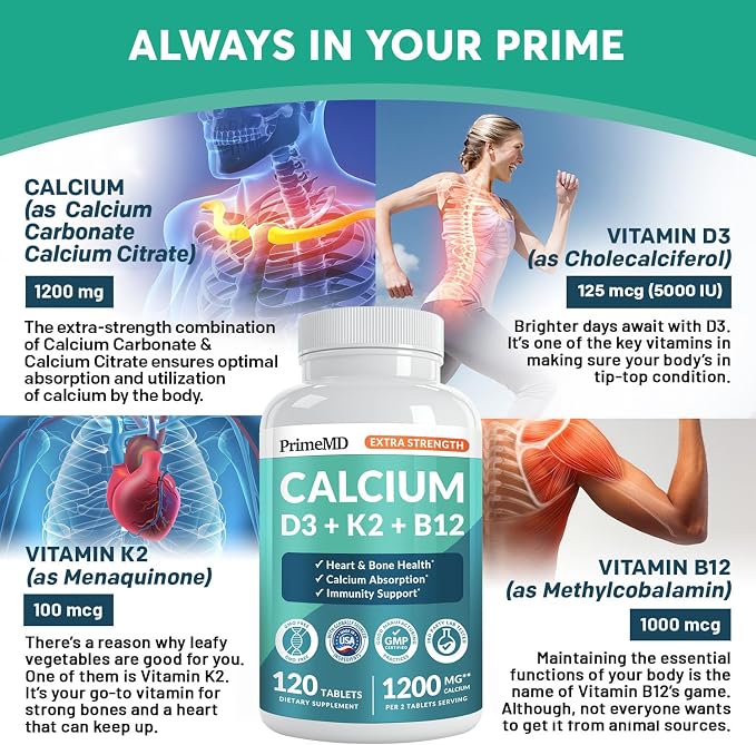 4-in-1 Calcium 1200 mg with Vitamin D3 Supplements for Women and Men - Calcium Extra Strength with Vitamin D3 K2 5000 IU Supplement,1200 mg per Serving - Vegan-Friendly - (120 Count) (Pack of 1)