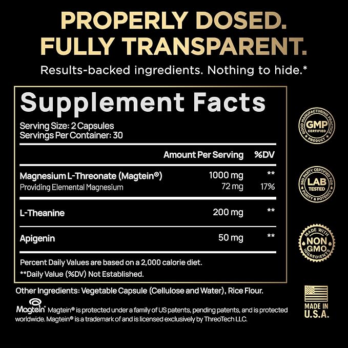 Triple Sleep Magnesium L-Threonate w. Apigenin, Theanine & Magtein Magnesium L Threonate - High Absorption Magnesium Supplement Capsules for Men and Women Magnesium Powder Pills