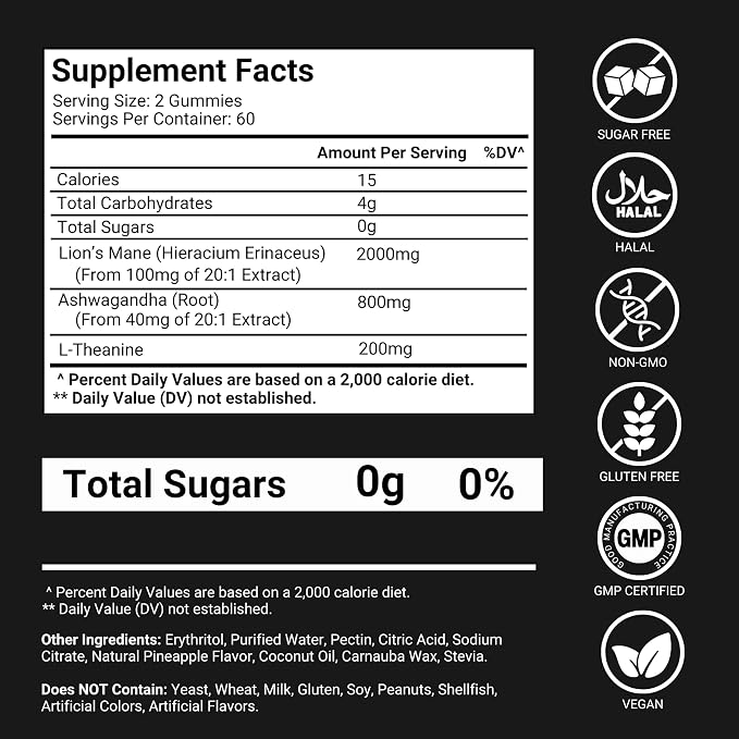 Lions Mane Gummies Sugar Free – 120 Gummies for Clarity & Brain Nutrition Support - Lion's Mane Mushroom 3000mg with Ashwagandha & L-Theanine – Brain & Mood Supplement – Focus, Memory, Calm