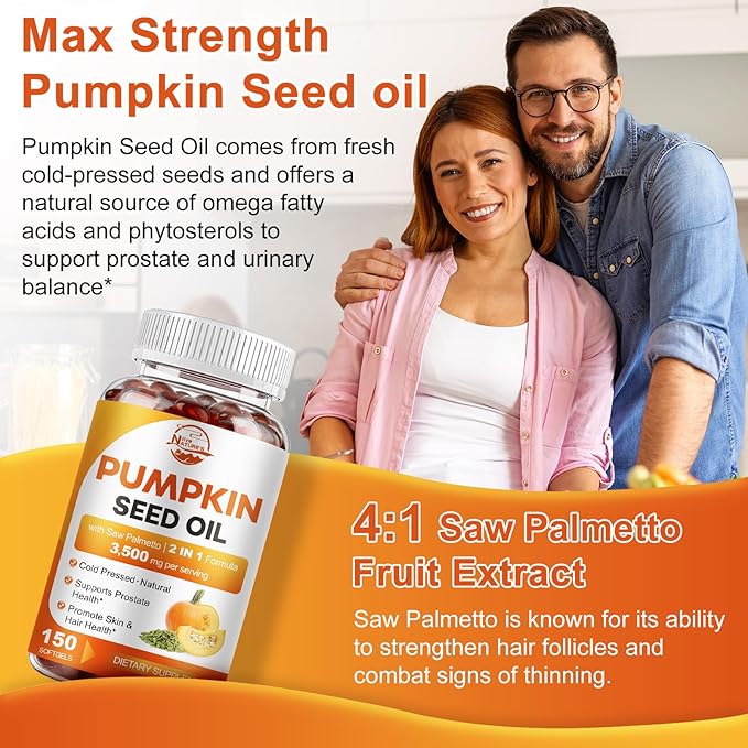 Pumpkin Seed Oil with Saw Palmetto, 3500mg Max Strength per Serving, 150 Softgels, Cold-Pressed with Essential Fatty Acids & Phytosterols, Supports Immune, Hair, Bladder & Prostate Health