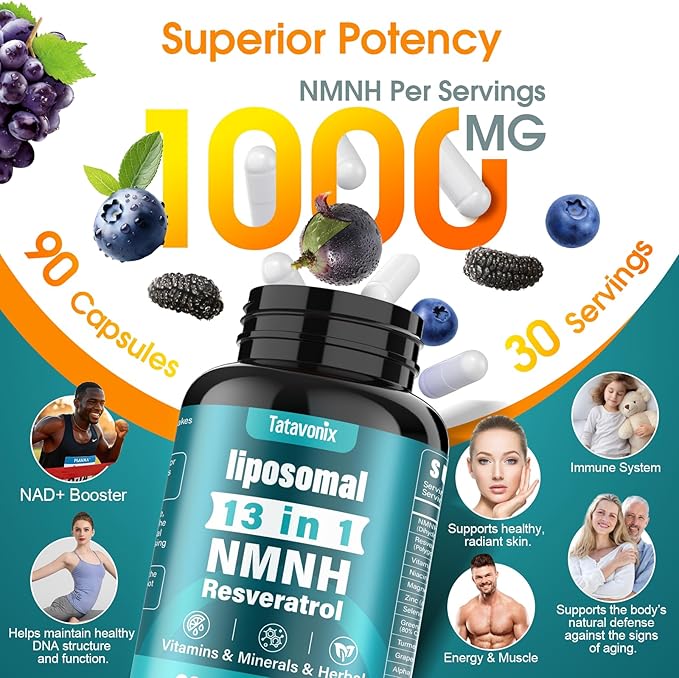 NMNH 1000mg Supplement, 13-in-1 Advanced Formula (Dihydronicotinamide Mononucleotide) – NAD+ Support for Healthy Aging, Energy & Focus – 90 Capsules, Non-GMO, Gluten-Free