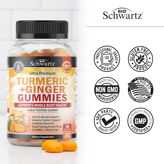 Turmeric Curcumin with Ginger Gummies - Natural Extra Strength Joint Support Supplement, Delicious Peach Flavor Ultra High Absorption Turmeric Supplement Non-GMO, Gluten Free 120 Count