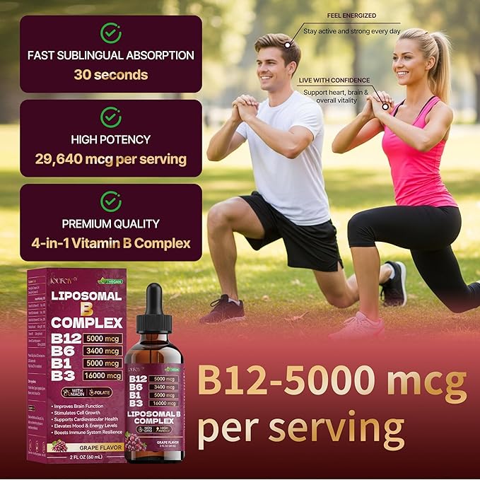 Liposomal Vitamin B Complex | Maximize Absorption Vitamin B12 Sublingual with B6,B1,B3 | Folic+Niacin | B12 Methylcobalamin Vitamins 5000mcg for Daily Energy,Focus,Mood,Nerves & Brain