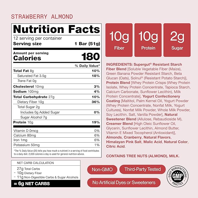 Supergut GLP-1 Boosting Prebiotic Bars, Strawberry Almond - Gut Healthy Protein Snacks & Breakfast Bars - Keto-Friendly Meal Replacement Energy Bars for Gut Health (12 Count)