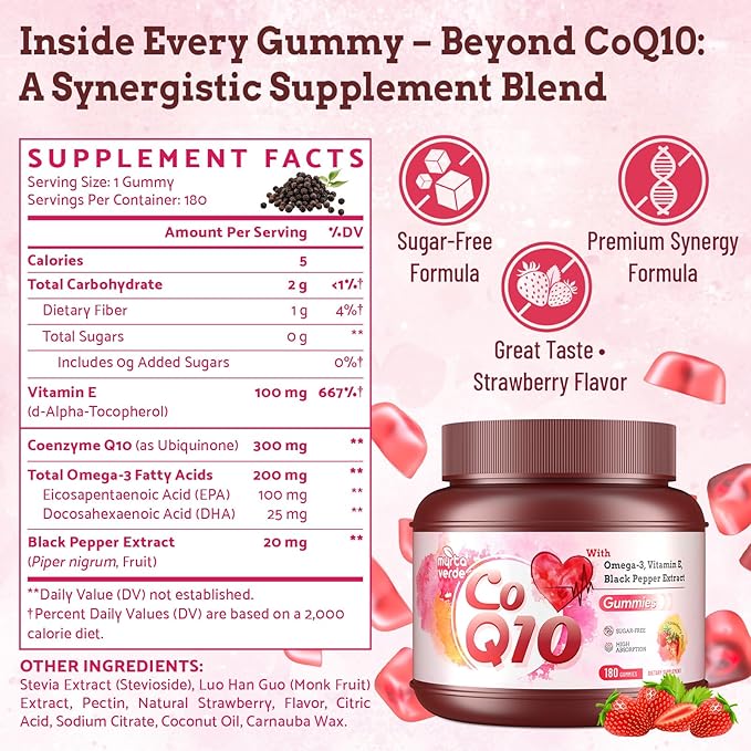 (180 Count) CoQ10 Gummies 300mg Sugar-Free | High Absorption Coenzyme Q10 Supplements with Omega-3, Vitamin E & Black Pepper | Heart, Fertility & Energy | 6 Month Supply, Strawberry Flavor