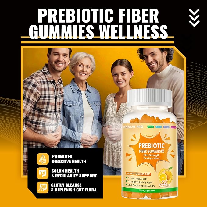 Prebiotic Fiber Gummies for Adults, 7G Extra Strength, Zero Sugar Added, 90 Pectin Based Gummies, Digestive Health -Orange