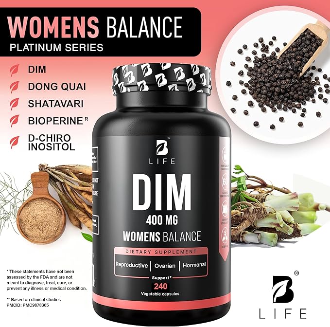 DIM Supplement 400 mg with Myo & D-Chiro Inositol, Dong Quai – Hormone Balance for Women – Fertility Supplements – Inositol Supplement - 240 Caps