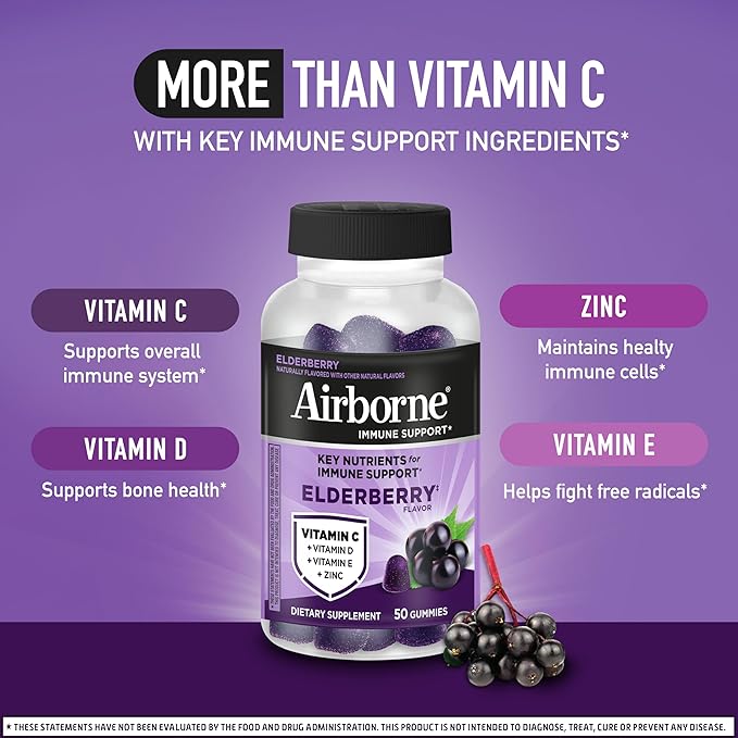 Airborne Elderberry + Zinc & Vitamin C Gummies For Adults, Immune Support Vitamin D & Zinc Gummies With Powerful Antioxidant Vitamins C D & E - 50 Gummies, Elderberry Flavor
