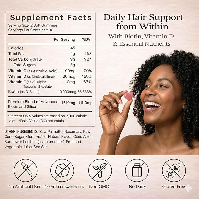 Hair Growth Gummies for Black Women, with Biotin-Silica Complex (5000mg Biotin) & Vitamin D (30mcg), Supports Healthy Hair Growth & Strength, Skin & Nail Care, Non-GMO, 60 Gummies