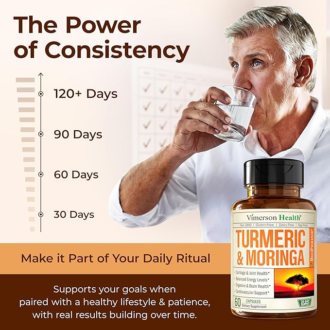 Moringa Turmeric Curcumin Supplement for Joint Health, Gut Health, Energy & Immune Support – Turmeric Curcumin with Black Pepper – Total Wellness Formula with Tumeric Moringa Pure Capsules – 2 Pack