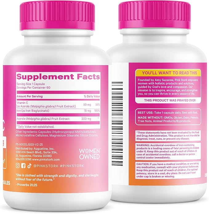 Pink Stork Iron for Women, 18 mg Non-Constipating Iron Bisglycinate + Vitamin C for Optimal Absorption, Energy, Focus & Oxygen Support, PMS, Pregnancy, Postpartum & Perimenopause, 60 Capsules