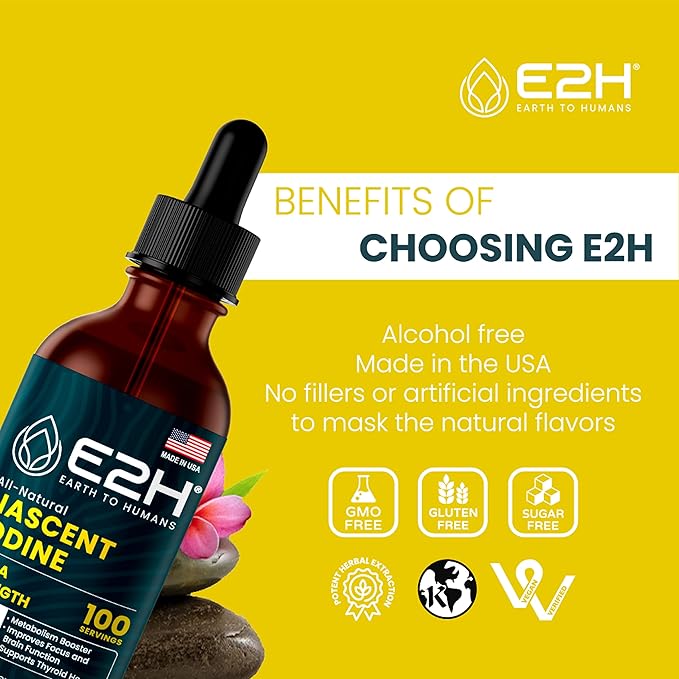 E2H Vegan Liquid Iodine - Thyroid Support and Cognitive Function - Boost Your Metabolism and Energy Levels - Vegan - Non-GMO (2 Bottles)