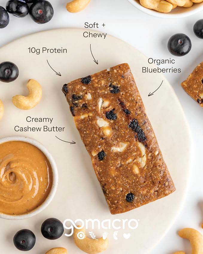 GoMacro Macrobar Organic Vegan Protein Bars - Blueberry + Cashew Butter (2.3 Ounce Bars (Pack of 12)
