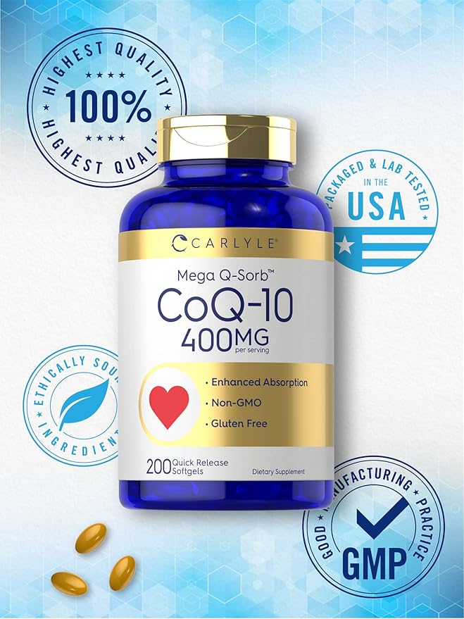 Carlyle CoQ10 400mg Softgels | 200 Count | High Absorption Coenzyme Q10 | with Black Pepper Extract | Non-GMO and Gluten Free Supplement