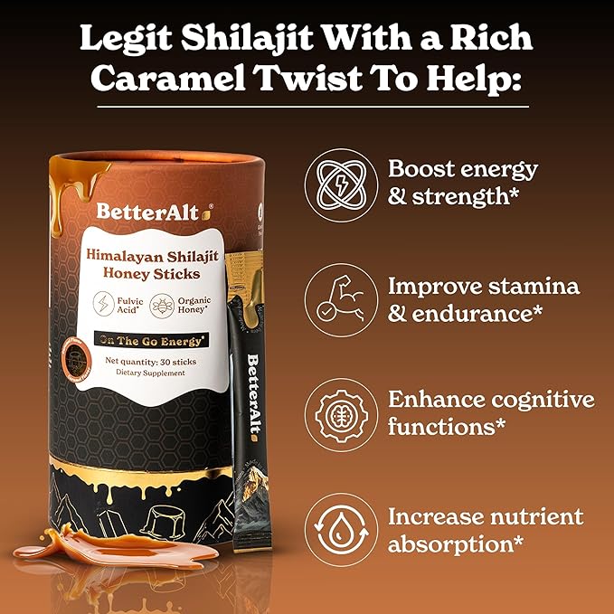 Better Alt Pure Himalayan Shilajit Caramel Honey Sticks with Organic Honey| Easy to Consume Shilajit| 30 Sticks for Energy Boost & Immune Support, 85+ Trace Minerals, 75%+ Fulvic Acid