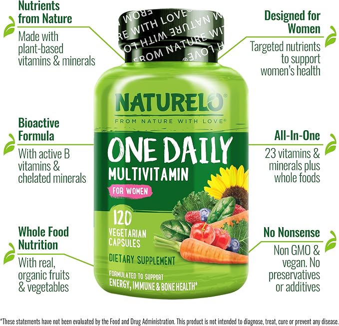 NATURELO One Daily Multivitamin for Women w/Vitamin B12, 120 Ct, Energy Support, Whole Food Daily Women Multivitamin Supplement, Nourish Hair/Skin/Nail, Non-GMO, No Soy, Gluten Free, 4 Month Supply