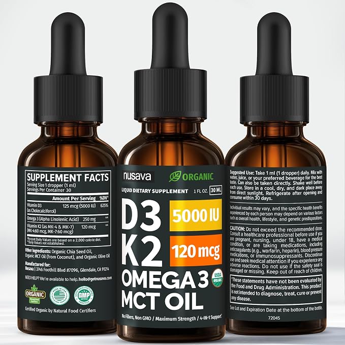 (2 Pack) Organic Vitamin D3 K2 Drops with MCT Oil Omega 3, 5000 IU, Maximum Strength Vitamin D Liquid, No Fillers, Non-GMO Liquid D3 for Faster Absorption and Immune Support (Unflavored, 2 Fl Oz)