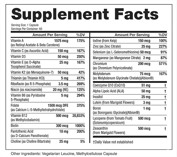 Eliixr Methylated Multivitamin 27-in-1 Formula with 1500 mcg Active Folate, Methylated B12, K2, D3, B-Complex and more Women and Mens Multivitamins, 60 Vegan Capsules, 2 month supply Made in the USA