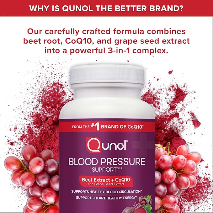 Qunol Blood Pressure Support, 3 in 1 Beets + CoQ10 + Grape Seed Extract, Beet Root Capsules that Supports Healthy Blood Circulation & Heart Healthy Energy, 60 Count (Pack of 2)