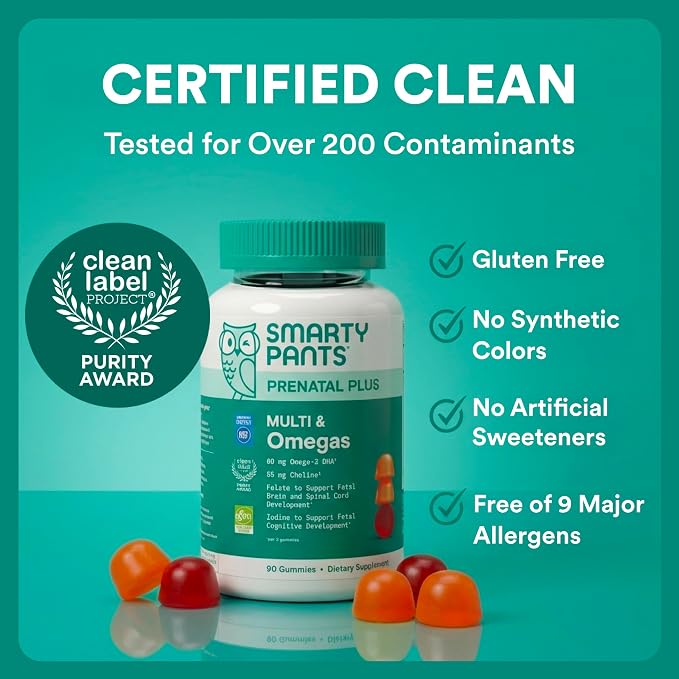 SmartyPants Prenatal Multivitamin Gummies, Omega 3 (DHA/EPA), Methylfolate, Biotin, Vitamin D3, C, Vitamin B12, B6, Vitamin A, K & Zinc, Gluten Free, 120 Count (40 Day Supply)