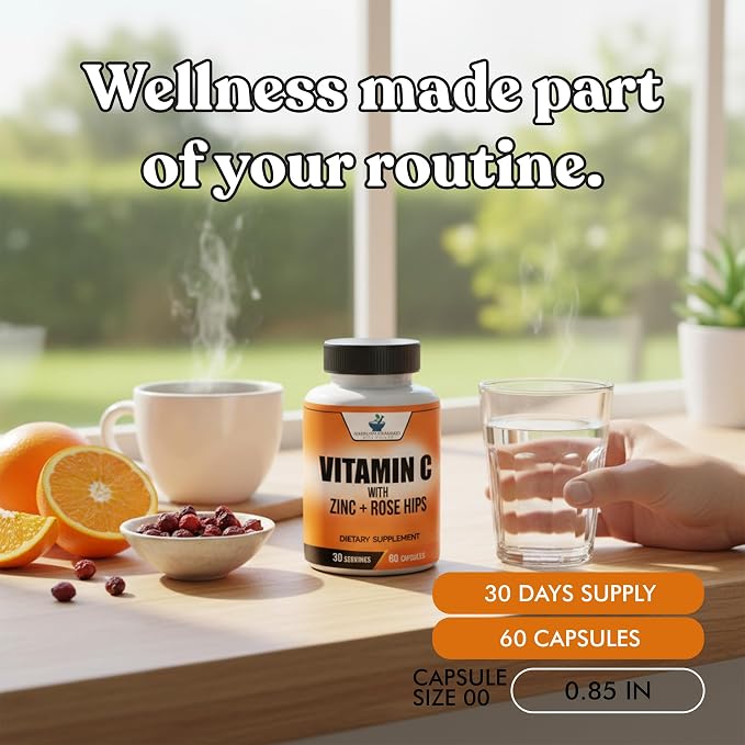 American Standard Supplements Vitamin C 2000mg, Zinc 40mg, and Rose HIPS 50mg Per Serving – Vegan, Gluten Free, Non-GMO (60 Count)