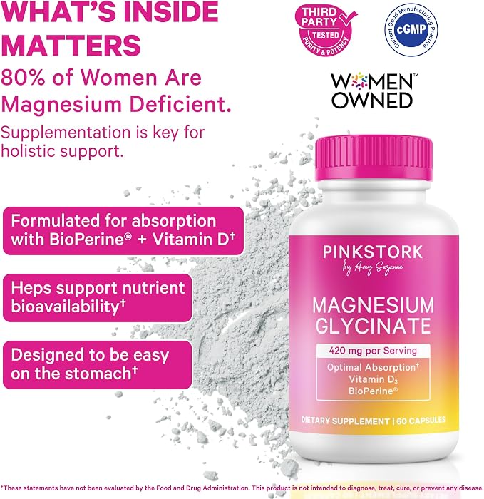 Pink Stork Magnesium Glycinate with Vitamin D - Magnesium Supplement for Women to Support Natural Calm - 2 Pack