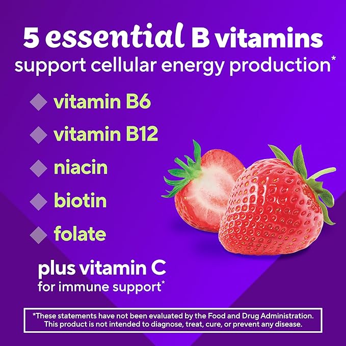 vitafusion B-Complex Gummy Dietary Supplements, with 5 B Vitamins to Support Cellular Energy Production (1), Plus Vitamin C, Strawberry Flavor, 60 Count