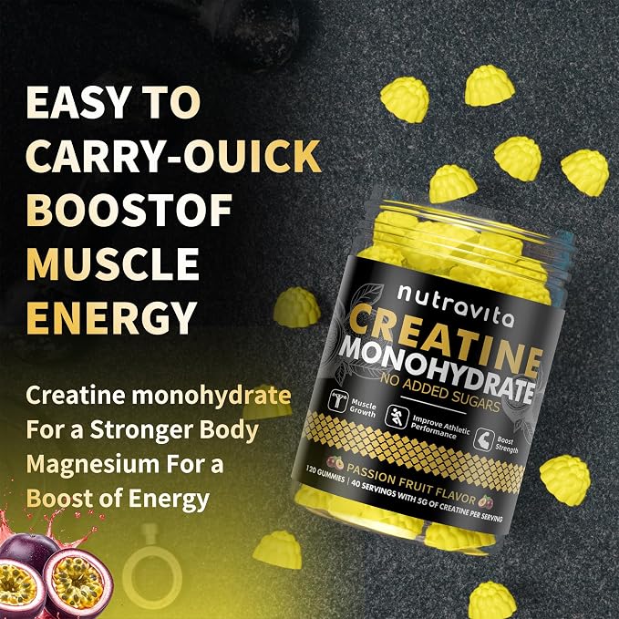 Nutravita NSF Certified Creatine Gummy - Creatine Monohydrate Gummies for Men & Women-5g of Creatine Monohydrate per Serving - Sugar Free,Vegan, Passion Fruit Flavor, 120 Count