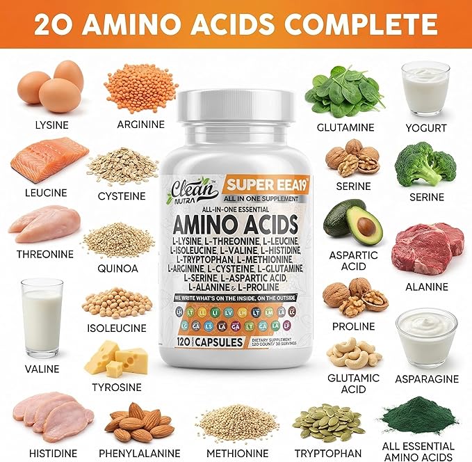 Clean Nutraceuticals Amino Acids Supplement L-Lysine, L-Threonine, L-Leucine, Isoleucine, Valine, L-Histidine, L-Tryptophan, L-Methionine, L-Arginine, L-Cysteine, L-Glutamine, L-Serine, Aspartic Acid