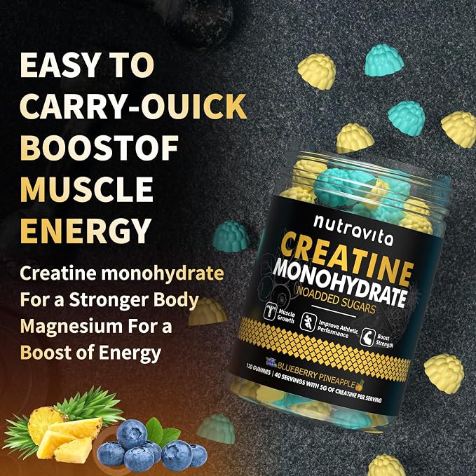 Nutravita NSF Certified Creatine Gummy - Creatine Monohydrate Gummies for Men & Women-5g of Creatine Monohydrate per Serving - Sugar Free,Vegan,Blueberry Pineapple Flavor, 120 Count