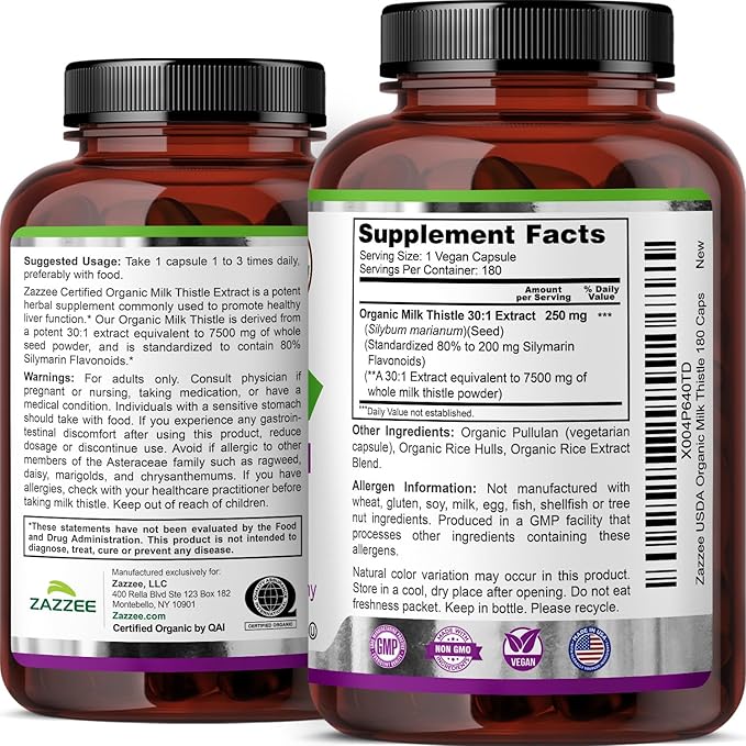 Zazzee USDA Organic Milk Thistle 30:1 Extract, 80% Silymarin, 180 Vegan Capsules, 6 Month Supply, Certified Kosher, High Potency Liver & Antioxidant Support, Silybum Marianum, Non-GMO, Made in the USA