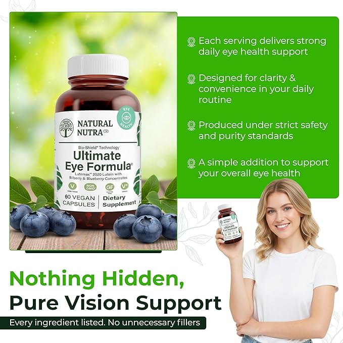 Natural Nutra Ultimate Eye Health Supplement - Bilberry & Blueberry Extract Blend for Day and Night Vision Support, Promotes Color Perception & Eye Clarity - Non-GMO, Gluten-Free, Vegan - 30 Capsules