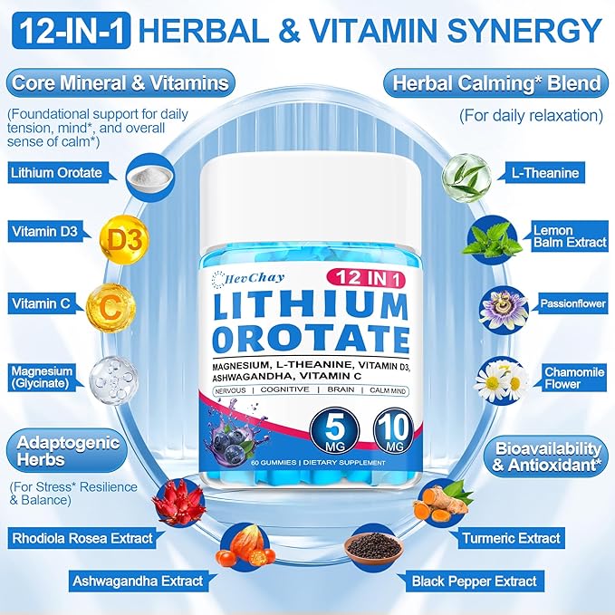12-in-1 Lithium Orotate 5mg 10mg with Ashwagandha & L-Theanine, Lithium Orotate for Mood, Calm, Cognitive & Brain, High Bioavailability Trace Mineral, Lemon Balm, Magnesium Glycinate, 2 Pack