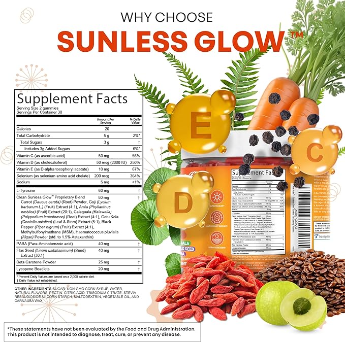 Sunless Glow Lycopene Beta Carotene Tanning Gummies Astaxanthin Vitamin C D E Flax Seed Selenium Amla l Tyrosine PABA Black Pepper 60 Count Strawberry Banana Flavor By Clean Nutra