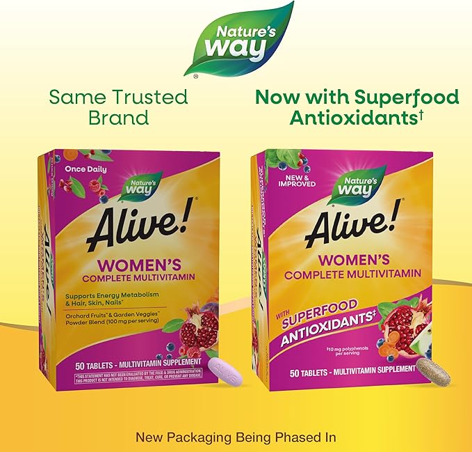 Nature's Way Alive! Women's Energy Multivitamin Tablets, Supports Cellular Energy*, Fruit and Veggie Powder Blend (100mg per Serving), 50 Tablets, (Pack of 2)